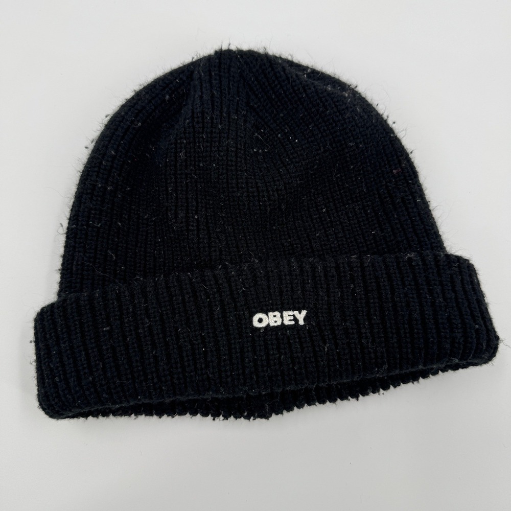 OBEY Knit Beanie Hat Black Ribbed Cuff‎ Logo Winter Warm